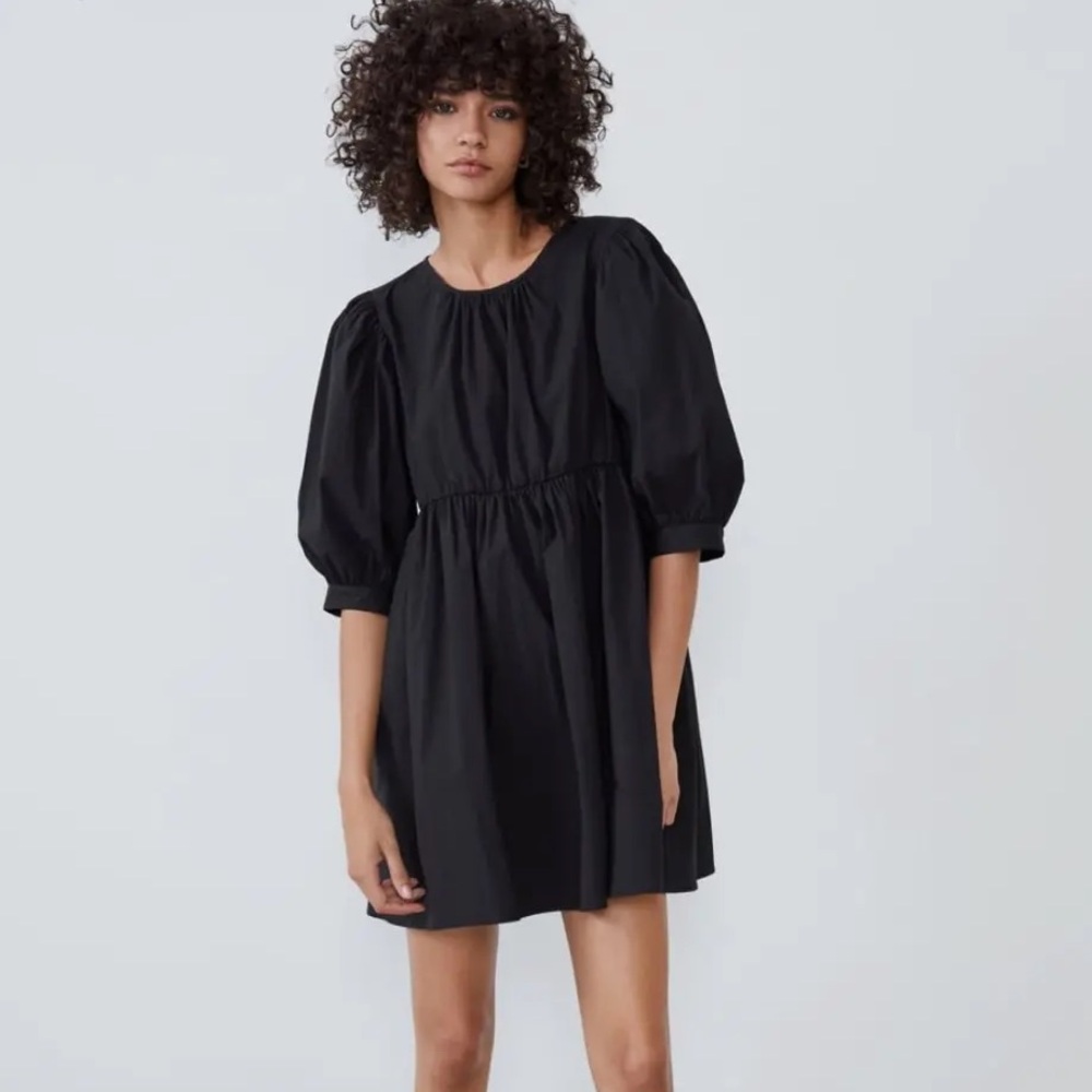 Zara Poplin Voluminous Pleated Mini Dress Black Cotton/Nylon size M